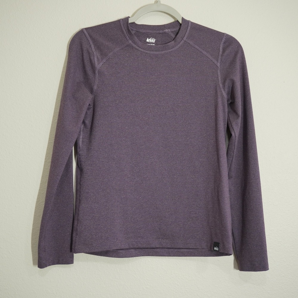REI Base Layer Shirt Kids Size Large Purple Long Sleeve Micro Stripe Stretch